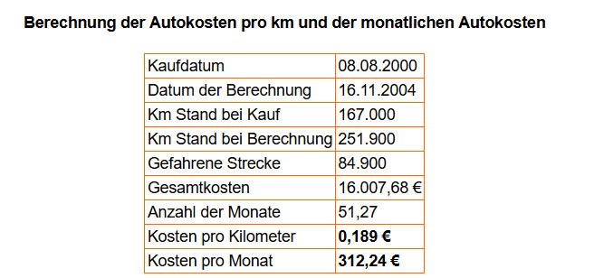 Kosten für das Auto pro km und im Monat