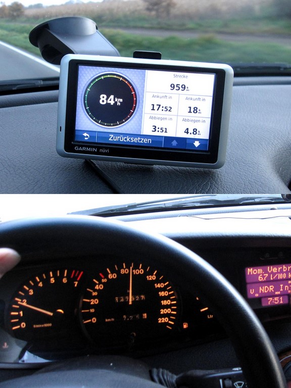 Die Anzeige vom Tachometer mit der Geschwindigkeitsanzeige vom Navigationsgerät vergleichen
