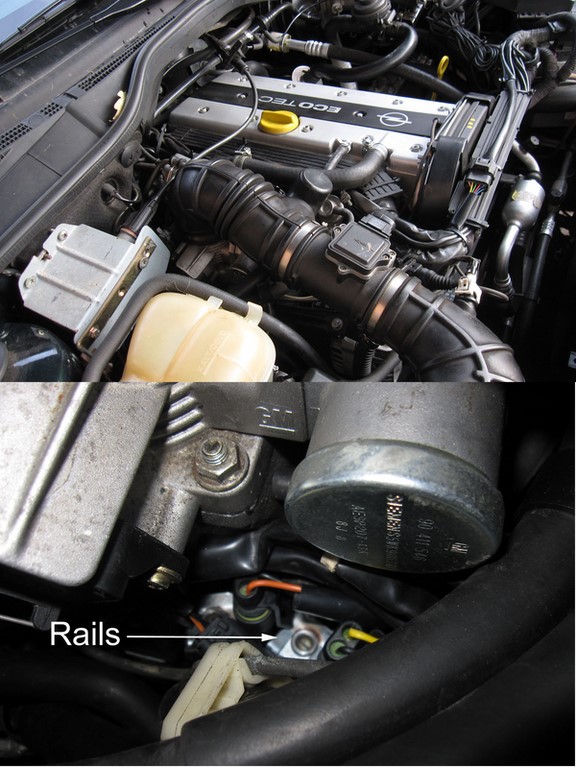 Die Rails sind vor dem Instandsetzen der Autogasanlage im Motorraum kaum zu sehen.