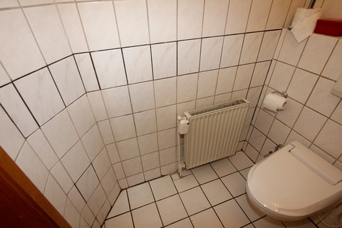 Dusch-WC-Aufsatz montiert. Es fehlt noch das Verfugen der Fliesen