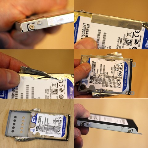Die Notebook-Festplatte aus ihrem Rahmen ausbauen um dann die neue SSD-Festplatte in den Rahmen einzubauen.
